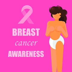 Breast cancer awareness with neked woman  covering her breast a and pink ribbon sign
 banner vector flat design,illustration vector