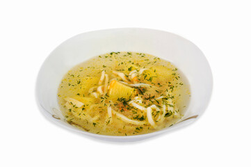 Soup with noodles and vegetables in a plate isolated on a white background.