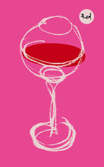 Wineglass icon for logo design. Hand-drawn line art with artistic pencil texture. Silhouette of wine glass for emblem vineyard, organic wines banner, autumn wine festival, bar sign template.