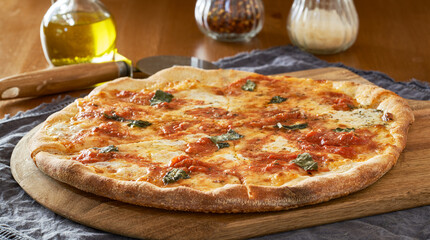 neapolitan style margherita pizza on wooden peel