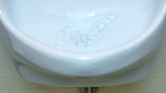 Close up view of water flowing from ceramics urinal to holes at toilet, with ambient sound.