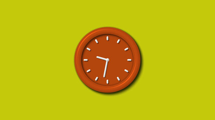 New brown color 12 hours 3d wall clock on yellow background,clock