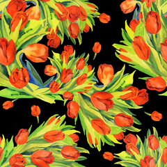 Seamless pattern of red tulips watercolor