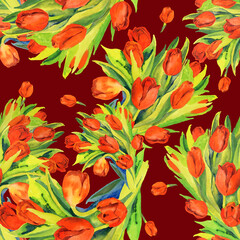 Seamless pattern of red tulips watercolor
