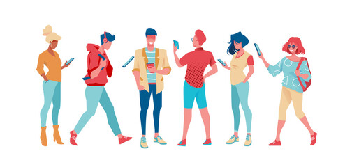 Obraz na płótnie Canvas Group of trendy and business people are standing with phone in their hand. Set of fashion people on an isolated background. Flat vector illustration