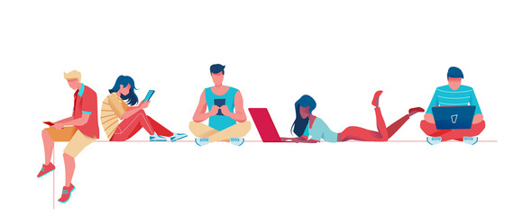 Fototapeta premium Group of trendy and business teenagers sit and lie with phone and laptop. Set of fashion people on an isolated background. Flat vector illustration