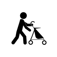 Mother with a stroller and baby icon. Simple black family icon.