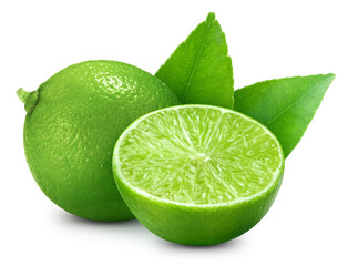 Organic lime isolated on white background. Taste lime with leaf. Full depth of field with clipping path