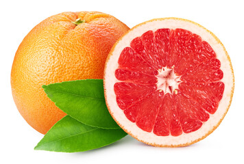 Whole and cut grapefruits on white background. Organic grapefruit isolated on white background. Taste grapefruit with leaf. Full depth of field with clipping path