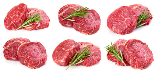 Raw beef meat isolated on white background. Collection beef fillet slice.