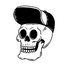 Illustration of skateboarder skull in cap. Design element for logo, emblem, sign, poster, card, banner. Vector illustration