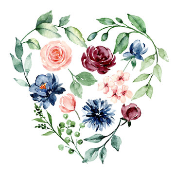 Heart with pink and blue flowers watercolor, floral clip art perfectly for printing on invitations, cards, sublimation print on t shirt. Arrangement isolated on white background. Hand painting.