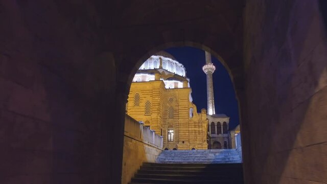 Pov entrance at Laleli Mosque at night, it is also called Tulip Mosque Turkish: Laleli Camii baroque style architecture, Ottoman imperial