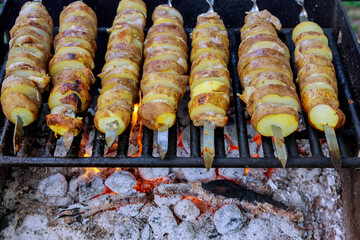 Baked sliced potatoes on grill on skewers.