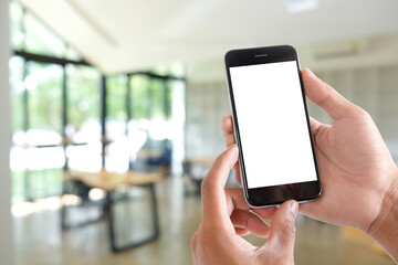  Close up of man using mobile smartphone at home, He searching or social networks.