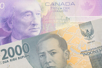 A macro image of a grey two thousand Indonesian rupiah bank note paired up with a purple ten dollar bill from Canada.  Shot close up in macro.