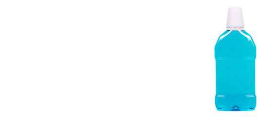 Liquid mouth wash in plastic bottle. Isolated on white background, copy space template, banner.