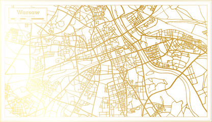 Warsaw Poland City Map in Retro Style in Golden Color. Outline Map.