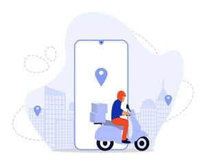 Fast delivery by scooter on mobile. e-commerce concept. online food or pizza order and packaging box infographic.