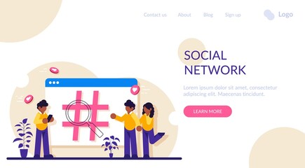 Social network monitoring, social media measurement, social listening concept. Sign hashtag on browser tab. People use the social network. Modern flat illustration.