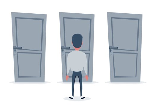 Men unable to make the right decision concept. Problem of choice. Vector flat design illustration.