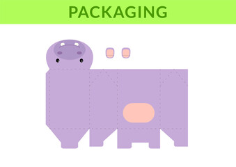 DIY party favor box for birthdays, baby showers with cute hippo for sweets, candies, small presents, bakery. Retail box blueprint template. Print, cutout, fold, glue. Vector stock illustration