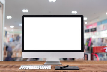 laptop monitor digital pc desk Mockup Blank screen computer desktop with keyboard in cafe & restaurant or co-working - obrazy, fototapety, plakaty