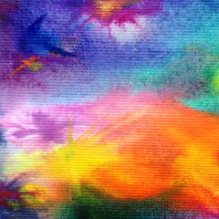 Watercolor abstract bright colorful textural background handmade . Painting of sky and clouds during sunset . Modern cosmic pattern . Shine