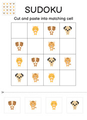 Sudoku game for children with pictures. Kids activity sheet. Matching game for children with cute cartoon animals. Education developing worksheet. Logical thinking training. Vector stock illustration.