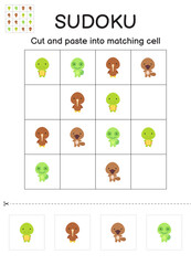 Sudoku game for children with pictures. Kids activity sheet. Matching game for children with cute cartoon animals. Education developing worksheet. Logical thinking training. Vector stock illustration.