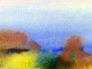 Watercolor colorful bright textured abstract background handmade . Mediterranean landscape . Painting of architecture and vegetation of the sea coast , made in the technique of watercolors from nature