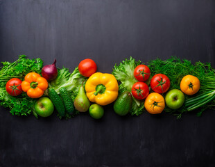 Healthy eating ingredients: fresh vegetables, fruits and superfood. Concrete background