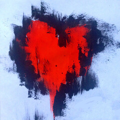 Watercolor abstract black white textural background handmade . Painting of red heart . Modern pattern by Valentines day
