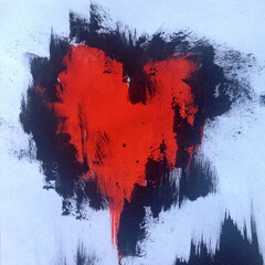 Watercolor abstract black white textural background handmade . Painting of red heart . Modern pattern by Valentines day
