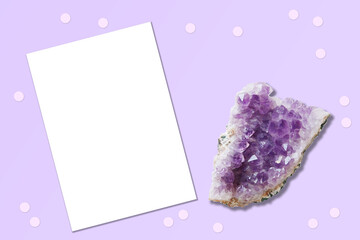 Mockup of vertical postcard on a table with amethyst quartz crystal bohemian layout. Boho rustic...