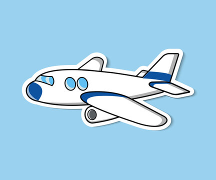 Image of white airplane cartoon. Isolated on blue background. Suitable for coloring book children, stickers, t-shirts. Vector illustration, editable eps 10.