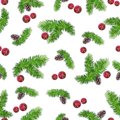 Pine branches with cones and Christmas balls. White background. Vector illustration. Textile composition, template for design print, fabric, wallpaper and box.