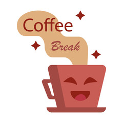 Cartoon coffee cup with laughing face and text, flat design, vector illustration.