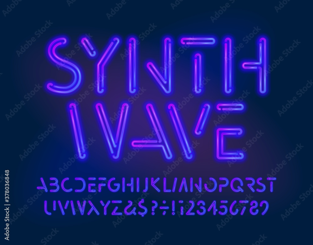 Fototapete synthwave alphabet font. neon letters, numbers and symbols. futuristic vector typeface for your typo