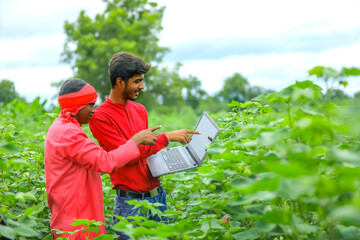 Young Indian farmer with agronomist at Cotton field , showing some information in laptop