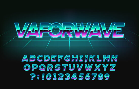 Vaporwave alphabet font. Retro letters, numbers and symbols in 80s style. Retro-futuristic vector typeface for your typography design.