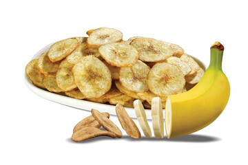 Fried chips wafers, Healthy Kela or Banana chip or wafer, dried Dehydrated, Kerala cuisine fried in oil, Banana slices turning into chips isolated, potato, masala or spicy or salted