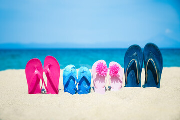 beautiful slippers in the sand by the sea greece on nature background