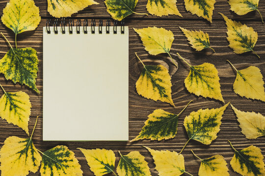 Notepad in a frame of yellow leaves on a wooden background. Creative flat lay autumn composition. Top view, copy space.