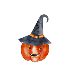 Watercolor hand painted Jack o lantern halloween illustration of pumpkin and hat isolated on white background. 