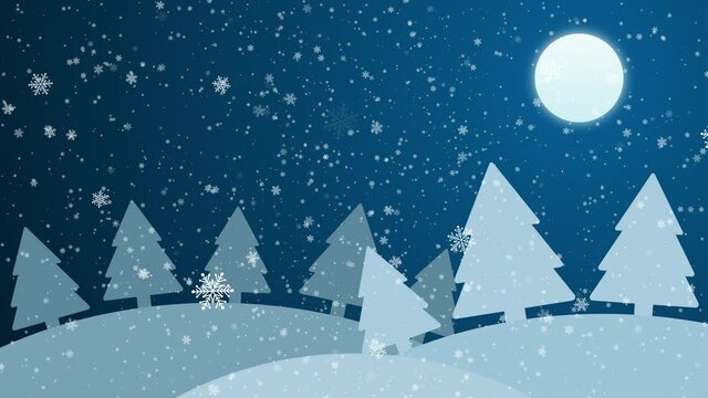 Animation footage of falling snow and Christmas tree in winter.