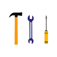 Repair tool set hammer, wrench and spanner, flat vector illustration isolated.