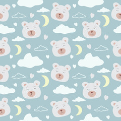seamless pattern with cute white bears on blue background