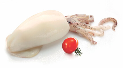 see food fresh Raw squid on cutting board with salad spices lemon garlic, fresh squids octopus or cuttlefish for cooked food at restaurant or seafood market, La Ciurma, Calamari, - obrazy, fototapety, plakaty