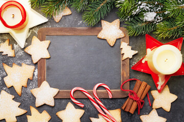 Christmas card with fir tree, cookies and candles